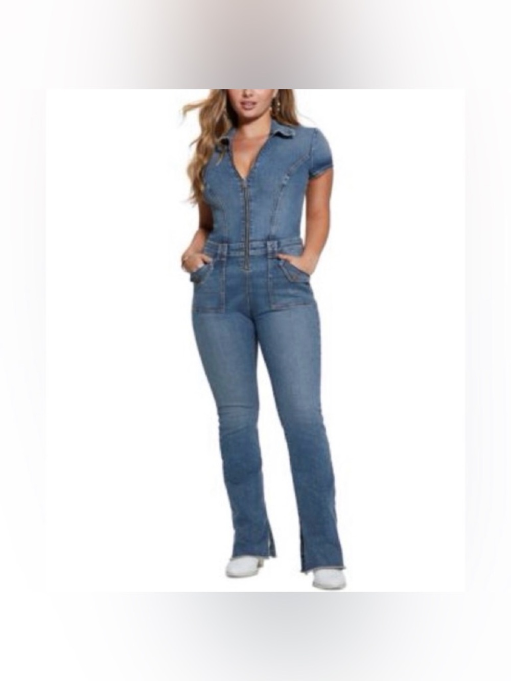 Denim Short Sleeve Zip Front Jumpsuit - Medium Wash Blue Size 11